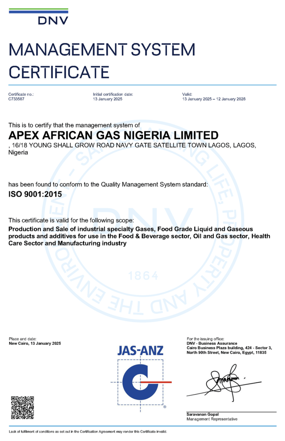 ISO 9001:2015 certificate for Apex African Gas Nigeria Limited