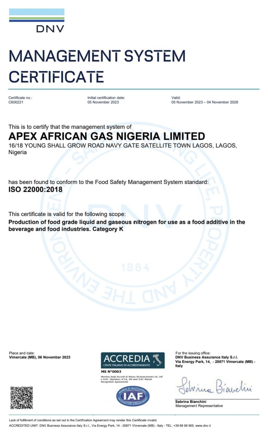 ISO 22000:2018 certificate for Apex African Gas Nigeria Limited