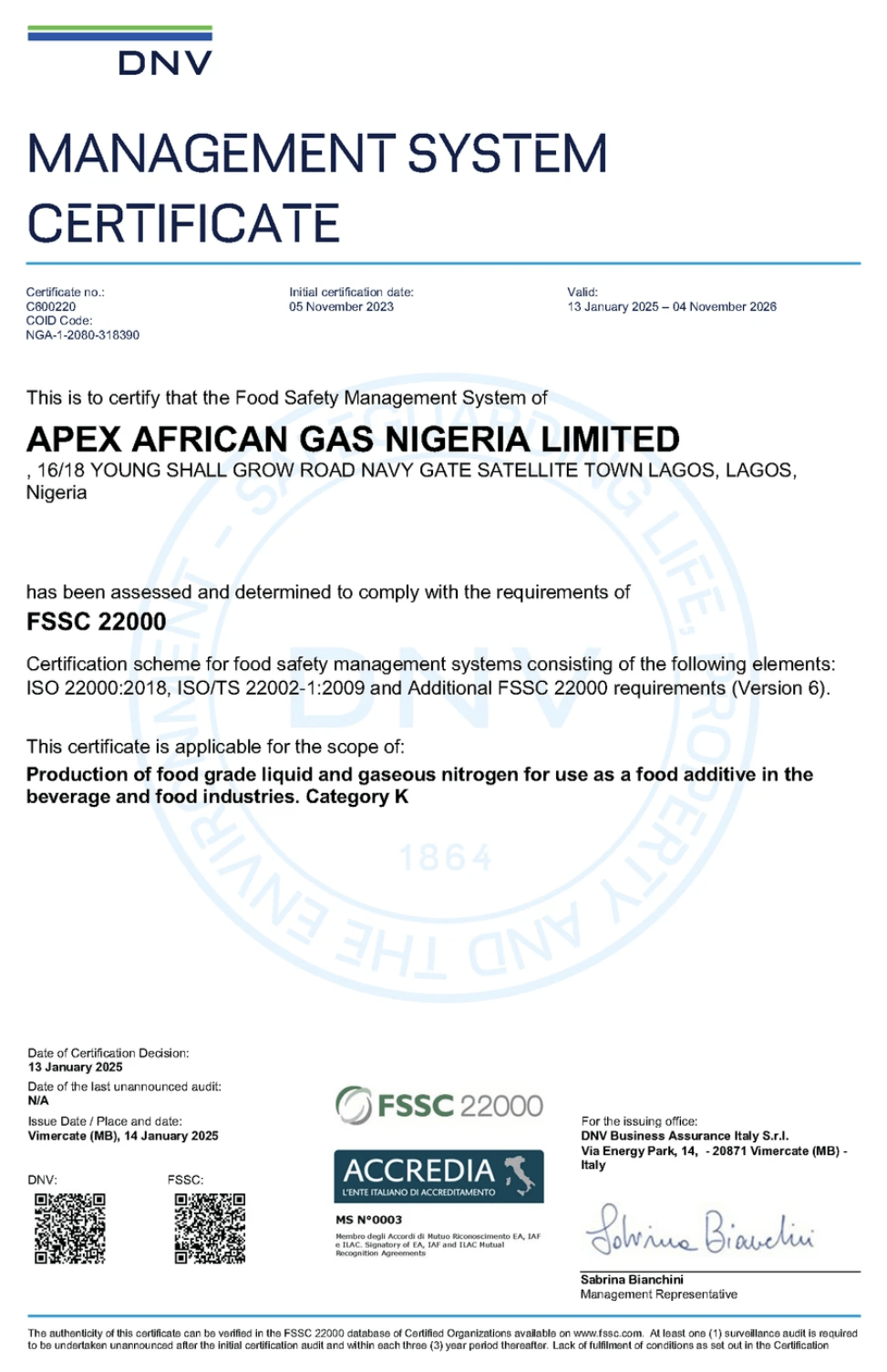 FSSC 22000 certificate for Apex African Gas Nigeria Limited