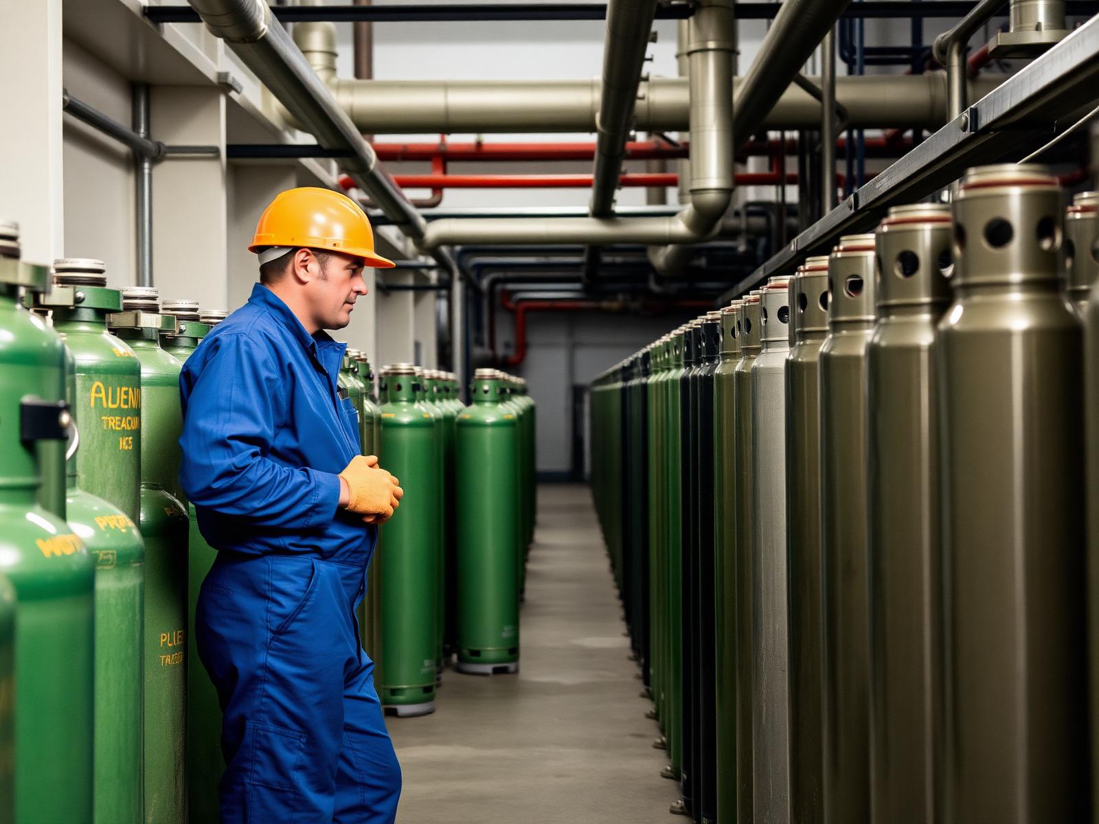 Apex African Gas plant operator inspecting rows of industrial gas cylinders